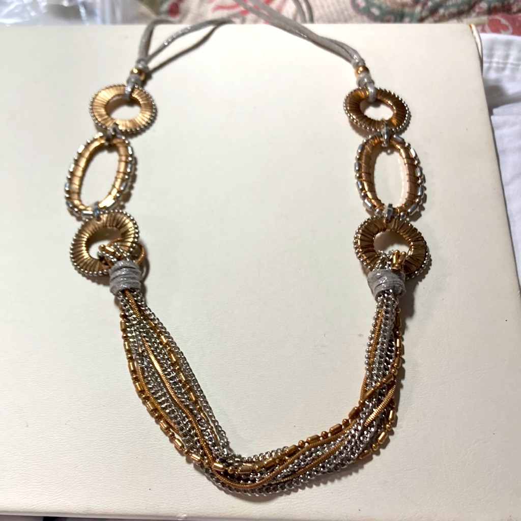 Silver Tone And Gold Tone Necklace W Shiny Silver Twine Necklace 1951 Silver Tone And Gold Tone Necklace W Shiny Silver Twine Necklace 1951